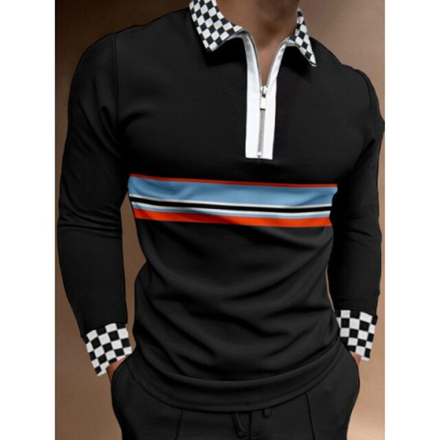 maoxiangshop Fall Winter New Men Polo Shirts Cotton Blends Striped Full Sleeve High Quality Casual Turn-Down Collar Zipper Thermal Top