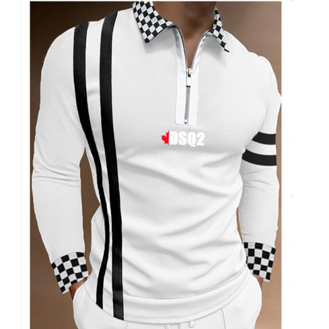 maoxiangshop Fall Winter New Men Polo Shirts Cotton Blends Striped Full Sleeve High Quality Casual Turn-Down Collar Zipper Thermal Top