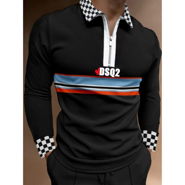 maoxiangshop Fall Winter New Men Polo Shirts Cotton Blends Striped Full Sleeve High Quality Casual Turn-Down Collar Zipper Thermal Top