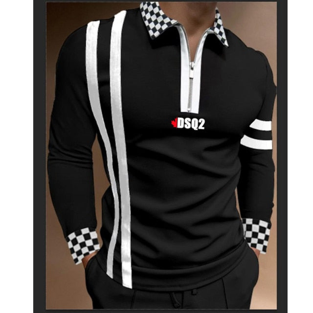 maoxiangshop Fall Winter New Men Polo Shirts Cotton Blends Striped Full Sleeve High Quality Casual Turn-Down Collar Zipper Thermal Top