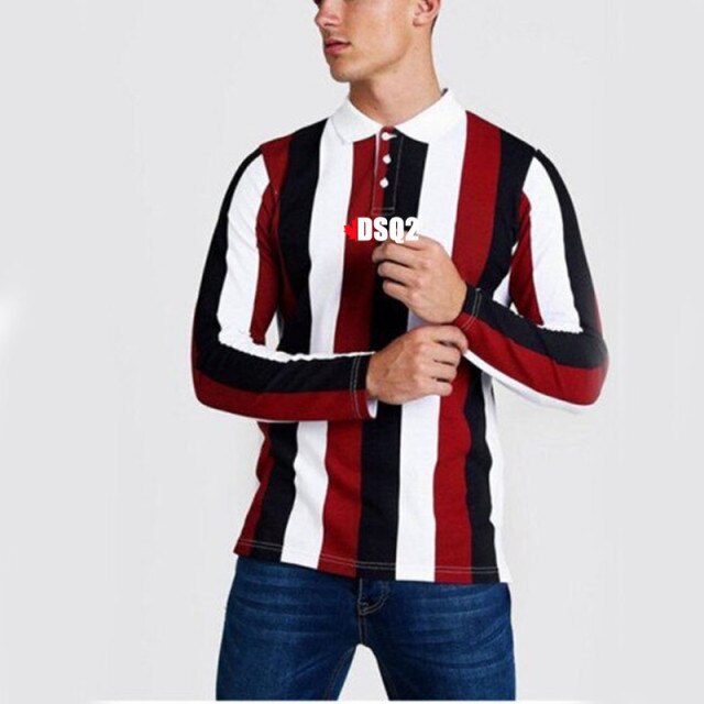 maoxiangshop Fall Winter New Men Polo Shirts Cotton Blends Striped Full Sleeve High Quality Casual Turn-Down Collar Zipper Thermal Top