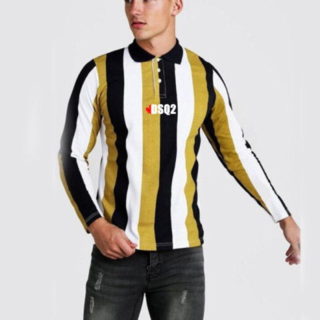 maoxiangshop Fall Winter New Men Polo Shirts Cotton Blends Striped Full Sleeve High Quality Casual Turn-Down Collar Zipper Thermal Top