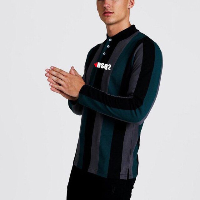 maoxiangshop Fall Winter New Men Polo Shirts Cotton Blends Striped Full Sleeve High Quality Casual Turn-Down Collar Zipper Thermal Top