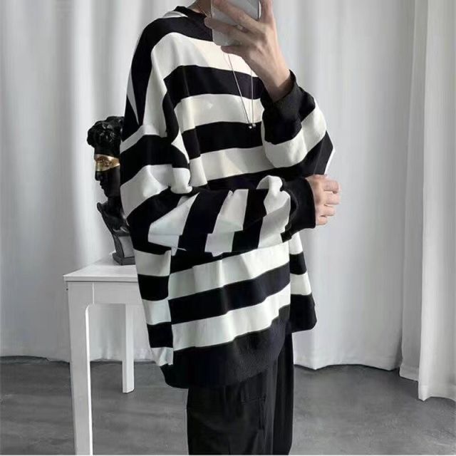 Striped sweater men Korean style loose top trend wild handsome japanese style round neck sweater spring and autumn thin clothes