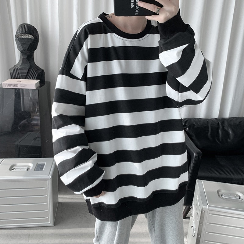 maoxiangshop Autumn Spring Striped White Hoodies Sweatshirt For Men's Loose Hip Hop Punk Pullover Streetwear Casual Fashion Clothes