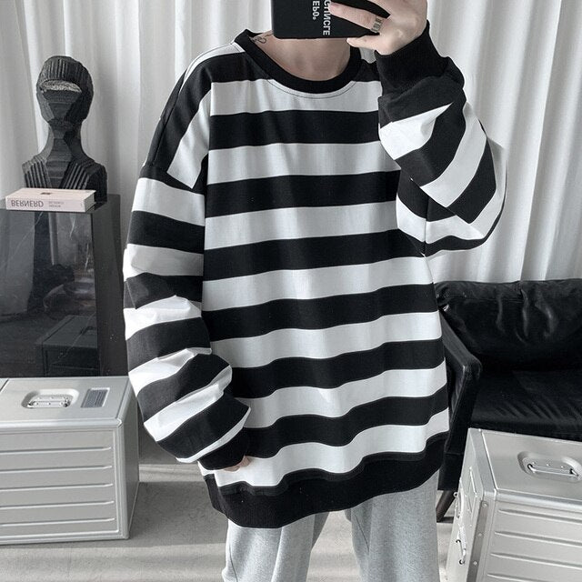 maoxiangshop Autumn Spring Striped White Hoodies Sweatshirt For Men's Loose Hip Hop Punk Pullover Streetwear Casual Fashion Clothes