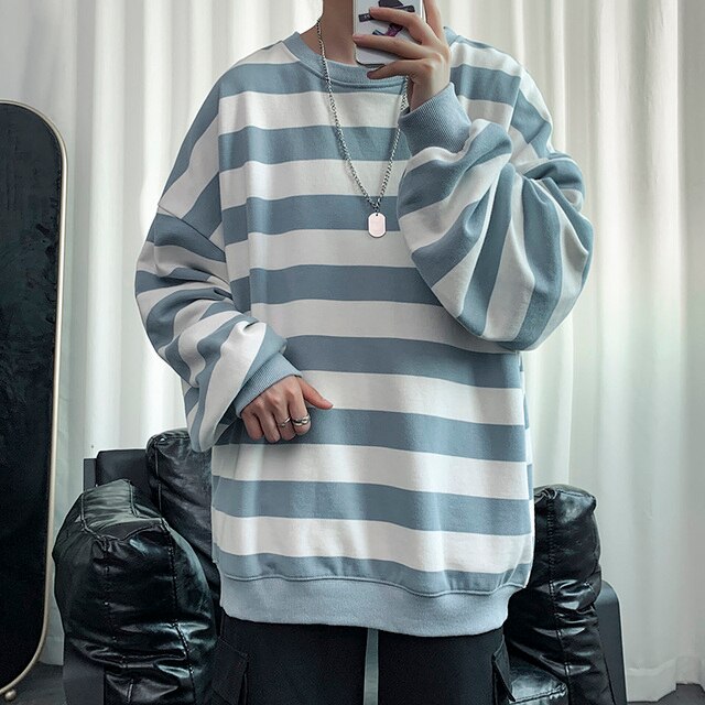 maoxiangshop Autumn Spring Striped White Hoodies Sweatshirt For Men's Loose Hip Hop Punk Pullover Streetwear Casual Fashion Clothes