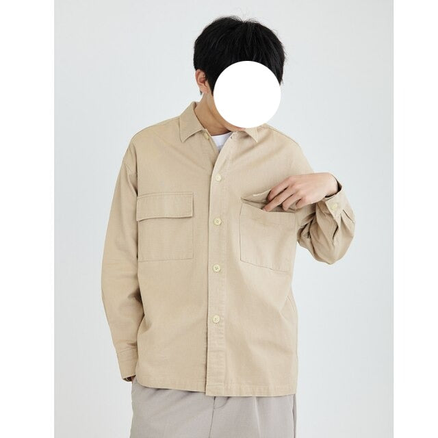 maoxiangshop Spring Autumn Men's Blouse Turn Down Collar Long-sleeved Pocket Fashion New Casual Solid Color Personality Wear Male Shirt Top