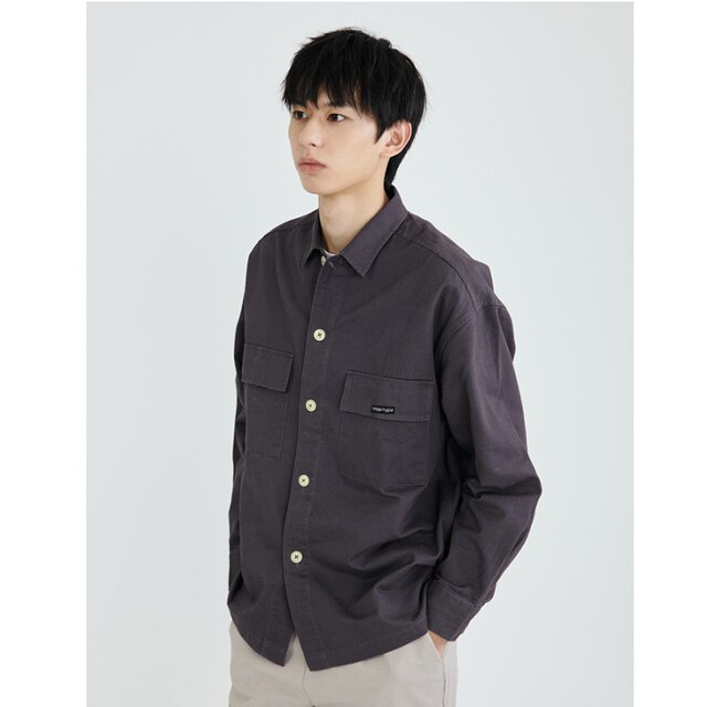 maoxiangshop Spring Autumn Men's Blouse Turn Down Collar Long-sleeved Pocket Fashion New Casual Solid Color Personality Wear Male Shirt Top