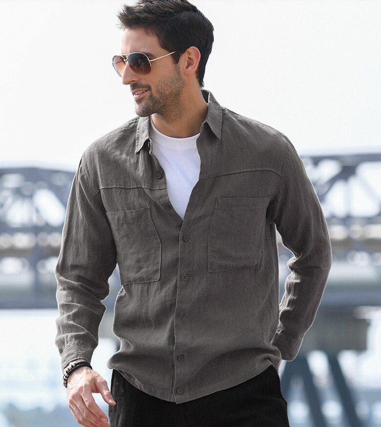 Cotton Linen Casual Shirts For Men Basic Classic Grey Shirt Fashion Male Long Sleeve Turn Collar Breathable Men's Clothing