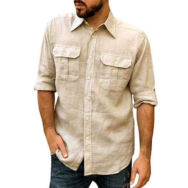 Cotton Linen Casual Shirts For Men Basic Classic Grey Shirt Fashion Male Long Sleeve Turn Collar Breathable Men's Clothing