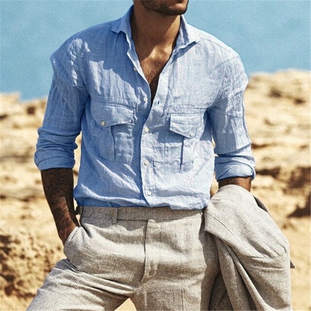 Cotton Linen Casual Shirts For Men Basic Classic Grey Shirt Fashion Male Long Sleeve Turn Collar Breathable Men's Clothing