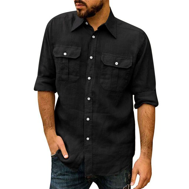 Cotton Linen Casual Shirts For Men Basic Classic Grey Shirt Fashion Male Long Sleeve Turn Collar Breathable Men's Clothing