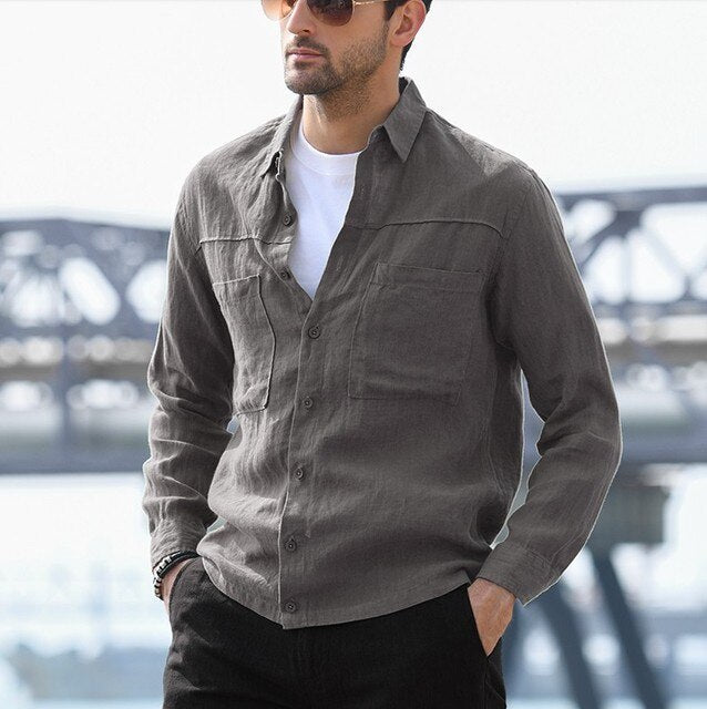 Cotton Linen Casual Shirts For Men Basic Classic Grey Shirt Fashion Male Long Sleeve Turn Collar Breathable Men's Clothing