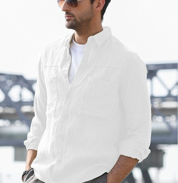 Cotton Linen Casual Shirts For Men Basic Classic Grey Shirt Fashion Male Long Sleeve Turn Collar Breathable Men's Clothing
