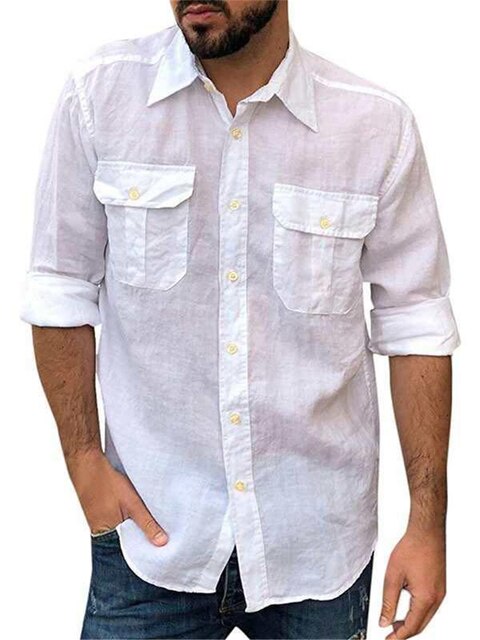 Cotton Linen Casual Shirts For Men Basic Classic Grey Shirt Fashion Male Long Sleeve Turn Collar Breathable Men's Clothing