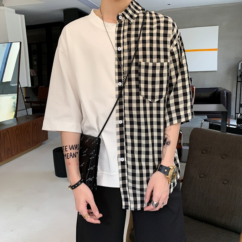 Men's Plaid Shirt Irregular Spliced Retro Fashion Korean Style Shirts for men Summer Thin Pocket Loose Short Sleeve Shirts Male