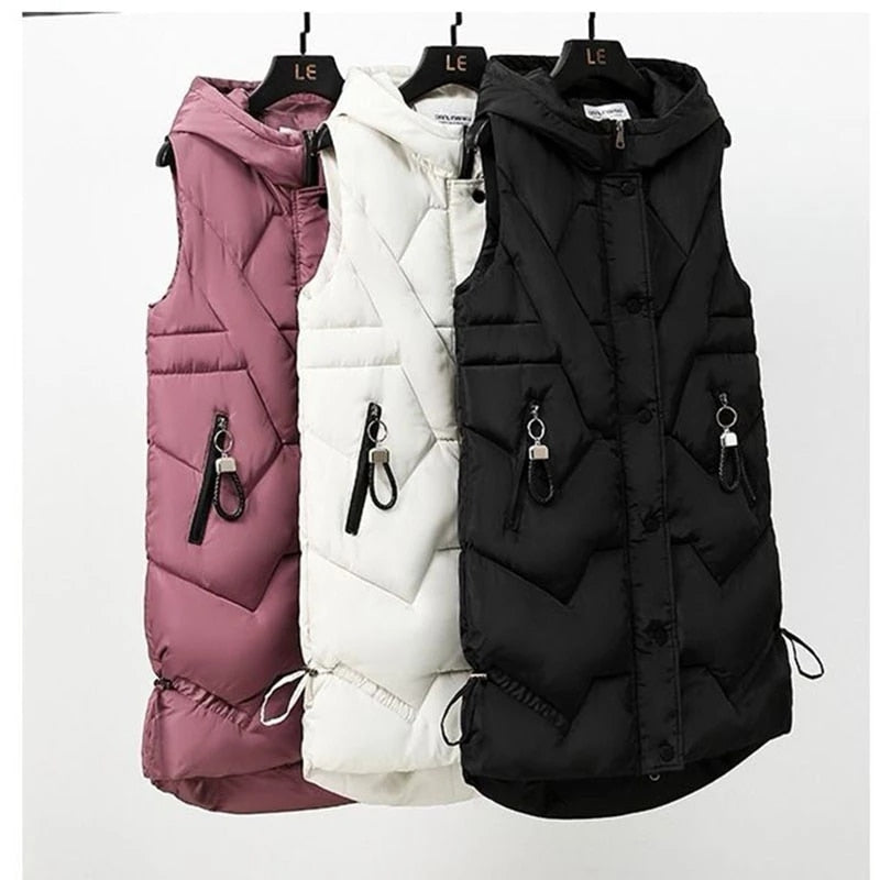 Women Vests Coat Long Warm New women's Down Cotton Autumn Winter Wear Female Outerwear Hooded Sleeveless Female Waistcoat