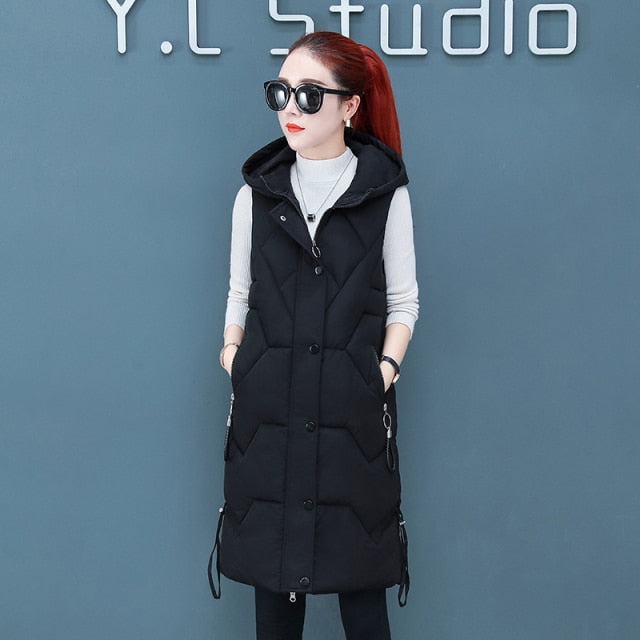 Women Vests Coat Long Warm New women's Down Cotton Autumn Winter Wear Female Outerwear Hooded Sleeveless Female Waistcoat