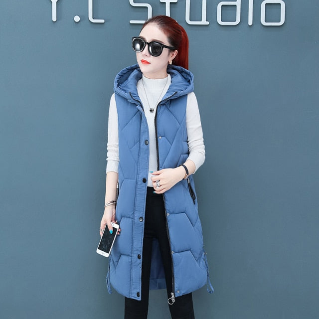 Women Vests Coat Long Warm New women's Down Cotton Autumn Winter Wear Female Outerwear Hooded Sleeveless Female Waistcoat
