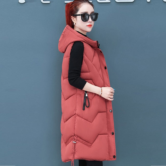Women Vests Coat Long Warm New women's Down Cotton Autumn Winter Wear Female Outerwear Hooded Sleeveless Female Waistcoat