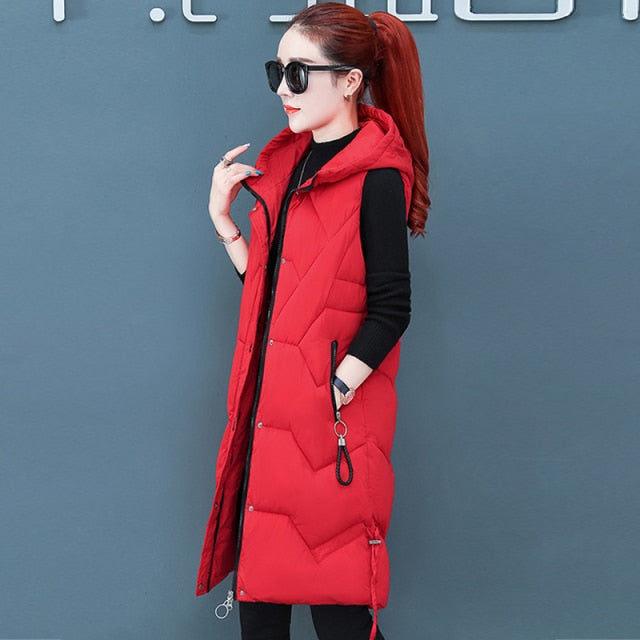 Women Vests Coat Long Warm New women's Down Cotton Autumn Winter Wear Female Outerwear Hooded Sleeveless Female Waistcoat