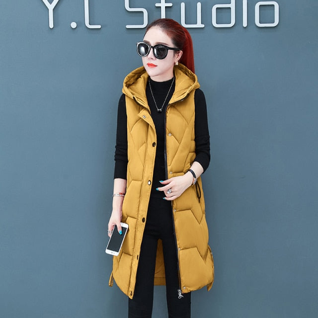 Women Vests Coat Long Warm New women's Down Cotton Autumn Winter Wear Female Outerwear Hooded Sleeveless Female Waistcoat
