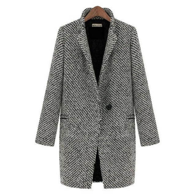 Winter Women Houndstooth Woolen Coats Single Breasted Stand Collar Mid Long Overcoat Thick Warm Elegant Lady Blends