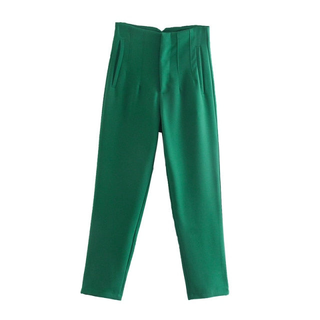 Spring Trouser Suits High Waisted Pants Women Fashion Office Beige Pants Chic Button Zip Elegant Pink Casual Woman Pants