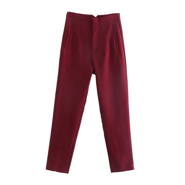 Spring Trouser Suits High Waisted Pants Women Fashion Office Beige Pants Chic Button Zip Elegant Pink Casual Woman Pants