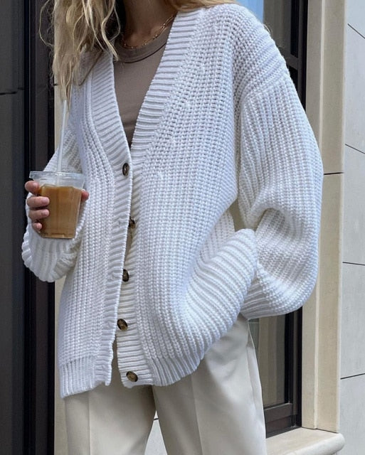 Autumn Winter V-Neck Loose Cardigans Women Single Breasted Casual Oversized Sweater Female Long Sleeve Knitted Jumpers