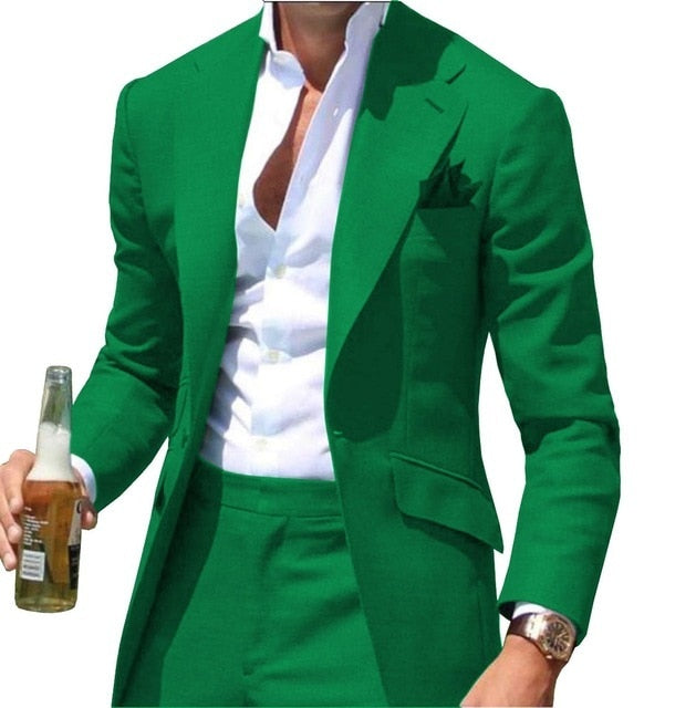 Peak Causal Slim Fit Notched Label Green Mens suit Blazer Formal Business For Wedding Groom Causal Jacket and pants
