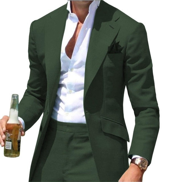 Peak Causal Slim Fit Notched Label Green Mens suit Blazer Formal Business For Wedding Groom Causal Jacket and pants