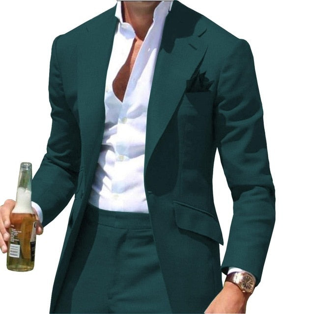 Peak Causal Slim Fit Notched Label Green Mens suit Blazer Formal Business For Wedding Groom Causal Jacket and pants