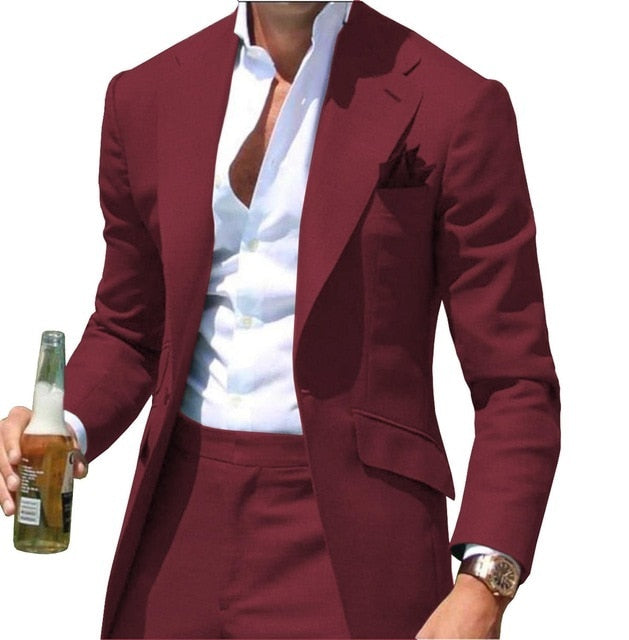 Peak Causal Slim Fit Notched Label Green Mens suit Blazer Formal Business For Wedding Groom Causal Jacket and pants