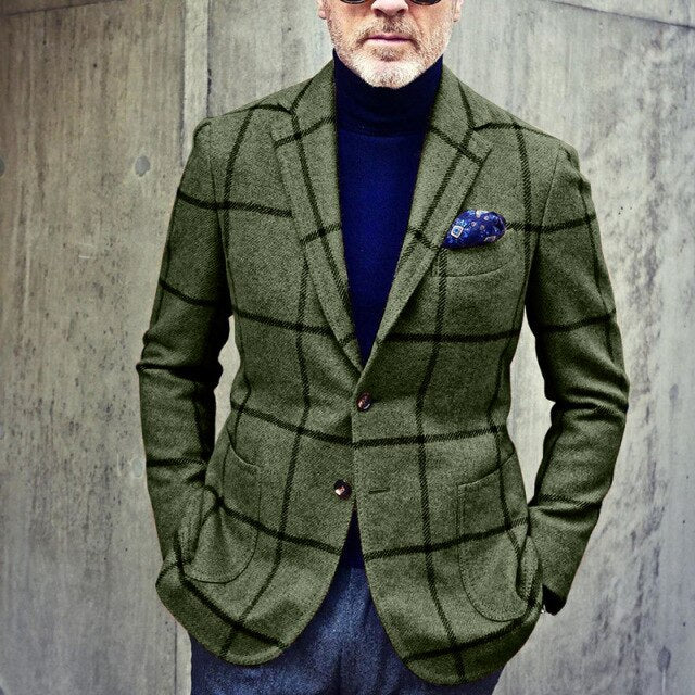 maoxiangshop Men Plaid Blazer Jackets Short Coat Single Breasted Full Sleeve Vintage Autumn Winter Fashion Men's Blazers Jacket