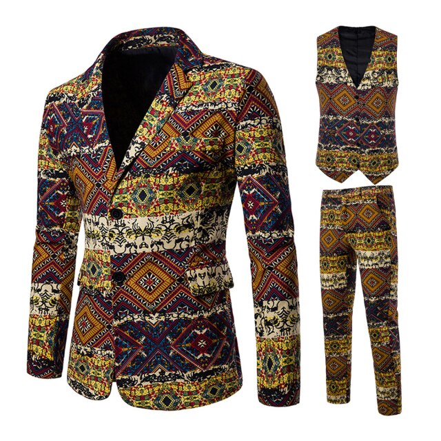 Mens Suits 3 Piece National Style Men's Wedding Suit Slim Fit African Bohemian Blazer Vest Pants for Party Business