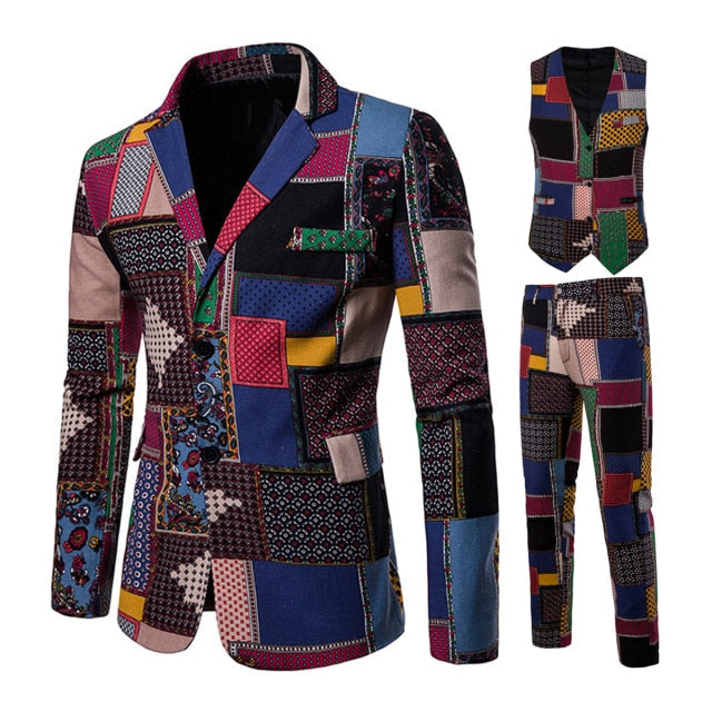 Mens Suits 3 Piece National Style Men's Wedding Suit Slim Fit African Bohemian Blazer Vest Pants for Party Business