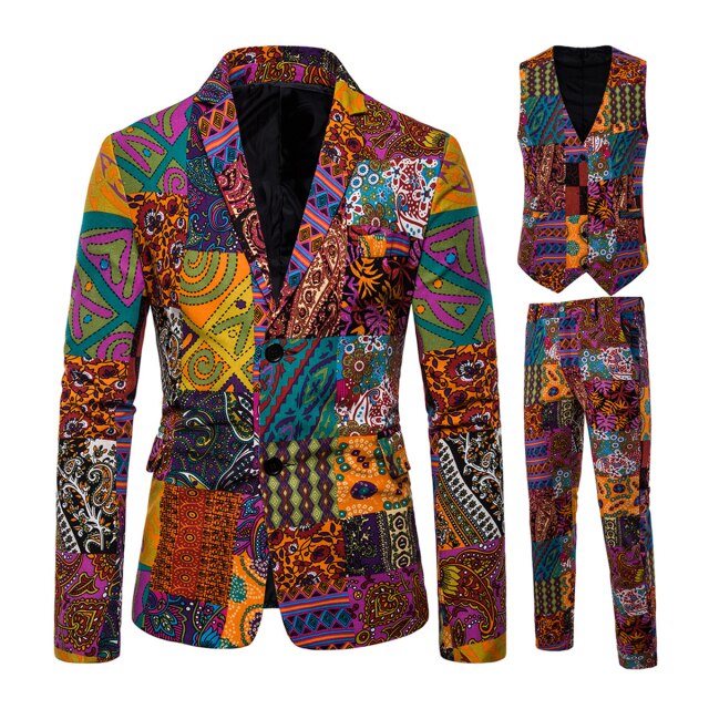 Mens Suits 3 Piece National Style Men's Wedding Suit Slim Fit African Bohemian Blazer Vest Pants for Party Business