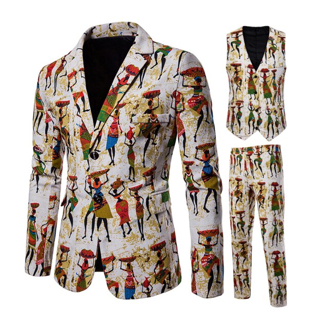 Mens Suits 3 Piece National Style Men's Wedding Suit Slim Fit African Bohemian Blazer Vest Pants for Party Business