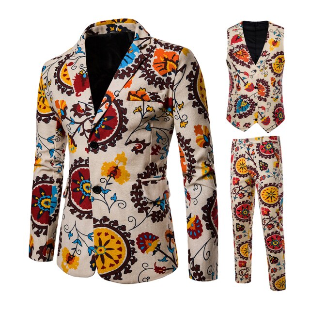 Mens Suits 3 Piece National Style Men's Wedding Suit Slim Fit African Bohemian Blazer Vest Pants for Party Business