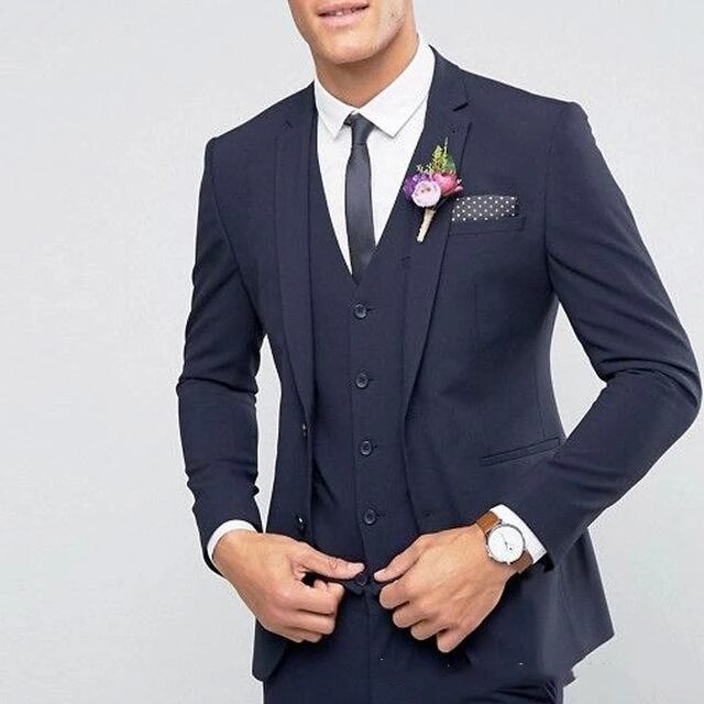 Navy Blue Wedding Suits For Men Best Man Blazer Tuxedos Groom 3 Pieces Business Men Suits Terno Masculino (Jacket+Pants+Vest)