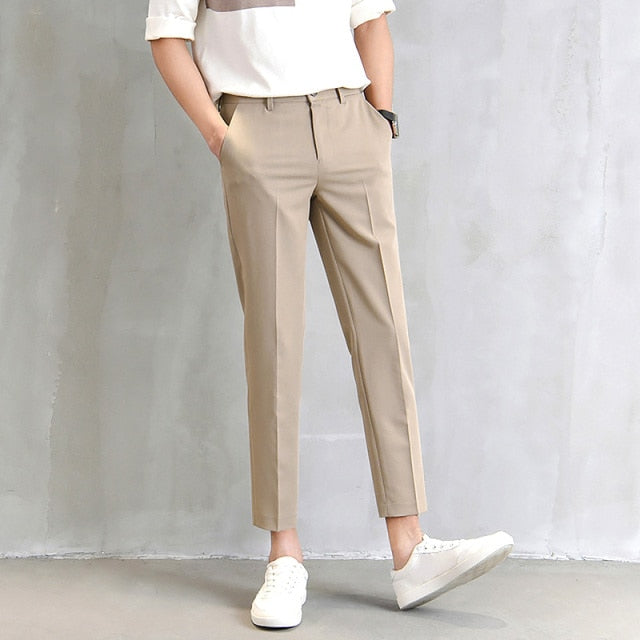 maoxiangshop Men's Suit Pants Fashion Slim-Fit Straight Trousers Business Casual Ninth Pants With Pockets Pure Black Khaki Grey Suit Pants