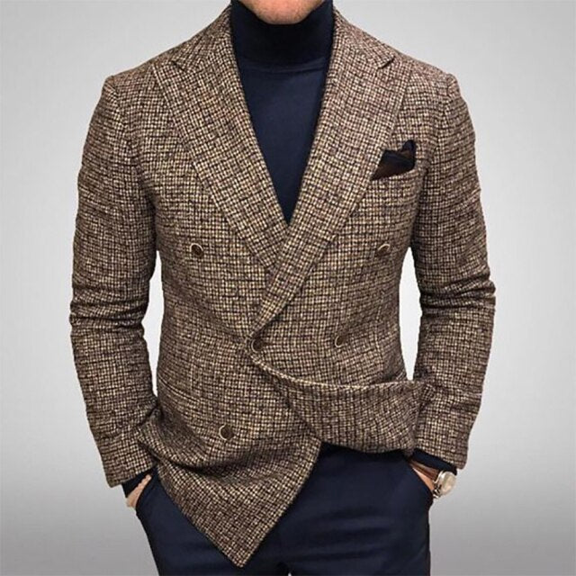 maoxiangshop Plaid European Slim Notched Lapel Men's Leisure Blazer Wool Blends Double-Breasted Male Fall New Fashion Trendy Clothing