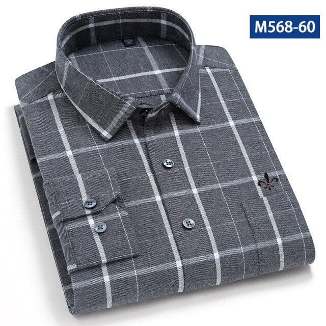 maoxiangshop Camisa Social Masculina Men's Cotton Plaid Casual Shirt Pocket Long Sleeve Standard-fit Comfortable Shirts Slim Fit