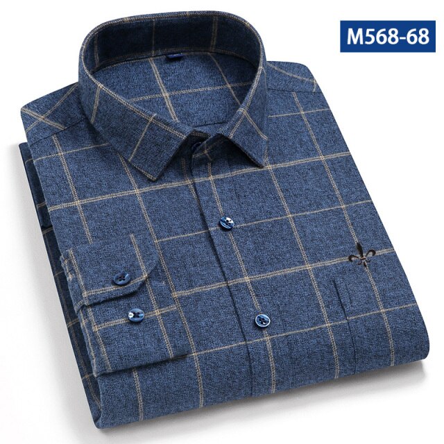 maoxiangshop Camisa Social Masculina Men's Cotton Plaid Casual Shirt Pocket Long Sleeve Standard-fit Comfortable Shirts Slim Fit