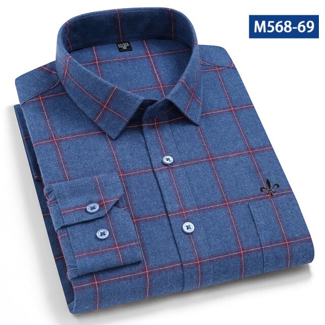 maoxiangshop Camisa Social Masculina Men's Cotton Plaid Casual Shirt Pocket Long Sleeve Standard-fit Comfortable Shirts Slim Fit