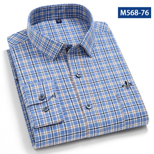 maoxiangshop Camisa Social Masculina Men's Cotton Plaid Casual Shirt Pocket Long Sleeve Standard-fit Comfortable Shirts Slim Fit