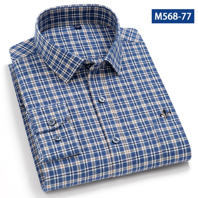 maoxiangshop Camisa Social Masculina Men's Cotton Plaid Casual Shirt Pocket Long Sleeve Standard-fit Comfortable Shirts Slim Fit