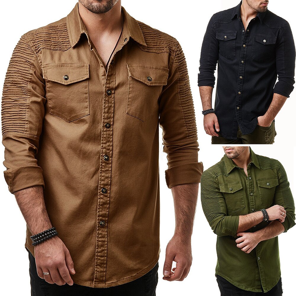 maoxiangshop Wrinkled Shoulder Solid Color Denim Coat Men's Long Sleeve Wash Jeans Shirt Men Clothing